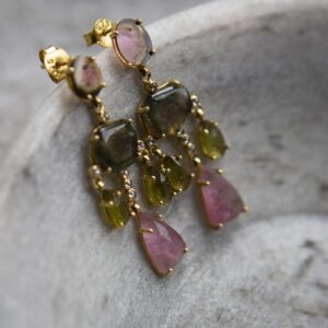 tourmaline multicolour chandelier earrings, gold vermeil