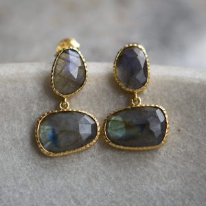 Labradorite faceted double drop earrings, gold vermeil